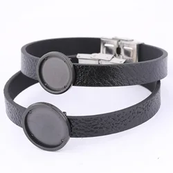 2pcs Black Flat Leather Bracelet Base Blanks Fit 20mm Cabochon Setting Trays Diy Wristband Jewelry Making Accessories
