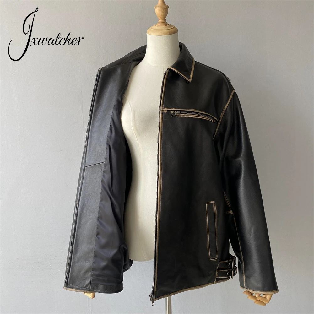 Jxwatcher Women's Real Leather Jacket Ladies Autumn Vintage Sheepskin Coat High Quality Loose Genuine Leather Blazer New Arrival