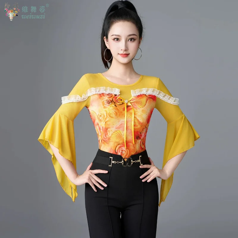 Modern Dance Top Women's National Standard Dance Bell Sleeves Latin Dance Costume Tops Competition Performance Practice Clothg