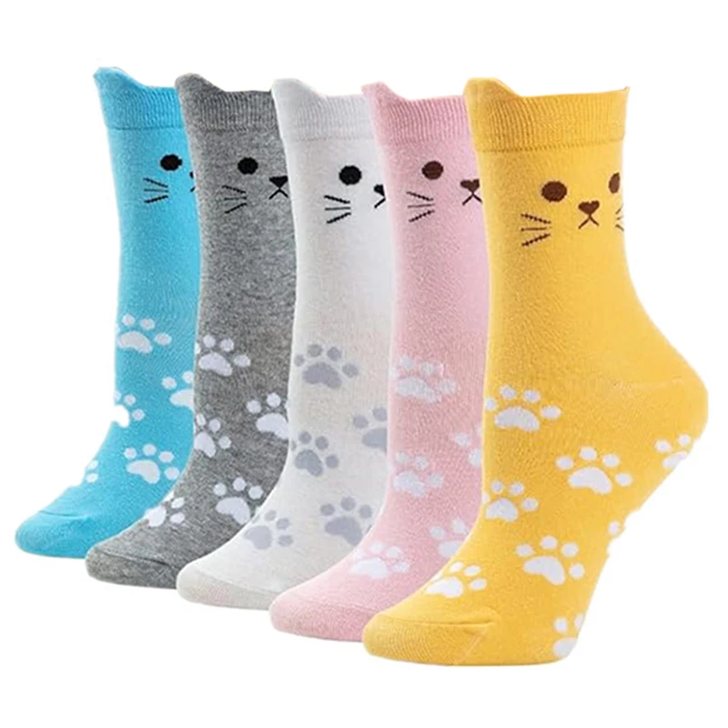 

5 пар женских носков с милым котом, модные длинные средние носки с 3D ушками, уютные, теплые, до щиколотки, повседневные женские носки