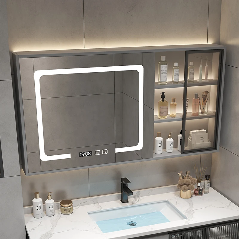 Inteligentna szafka łazienkowa z lustrem z litego drewna Oddzielne lustro łazienkowe montowane na ścianie Szklane drzwi Laminowane światło Odmgławiające lustro