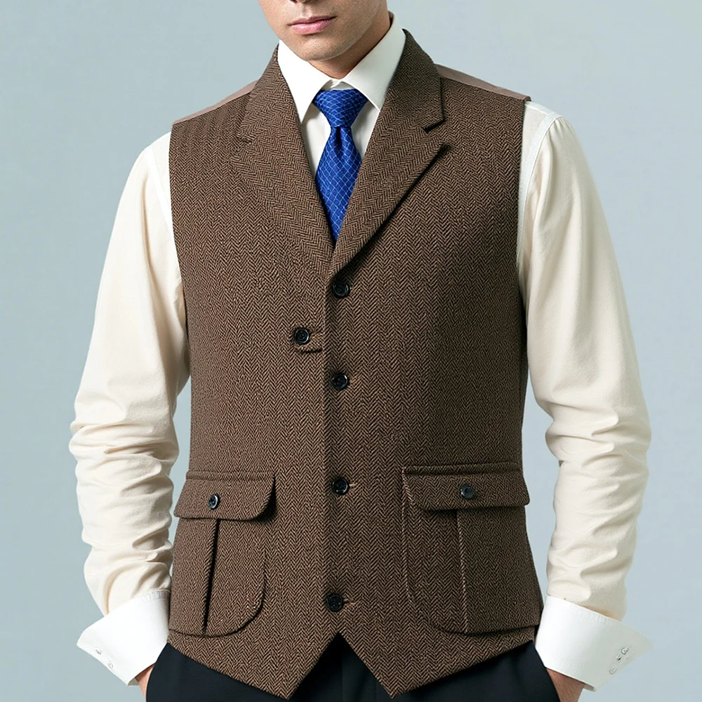 

Men's Casual Suit Vest Notch Lapel with Two Pockets Herringbone Waistcoat for Wedding Groomsmen