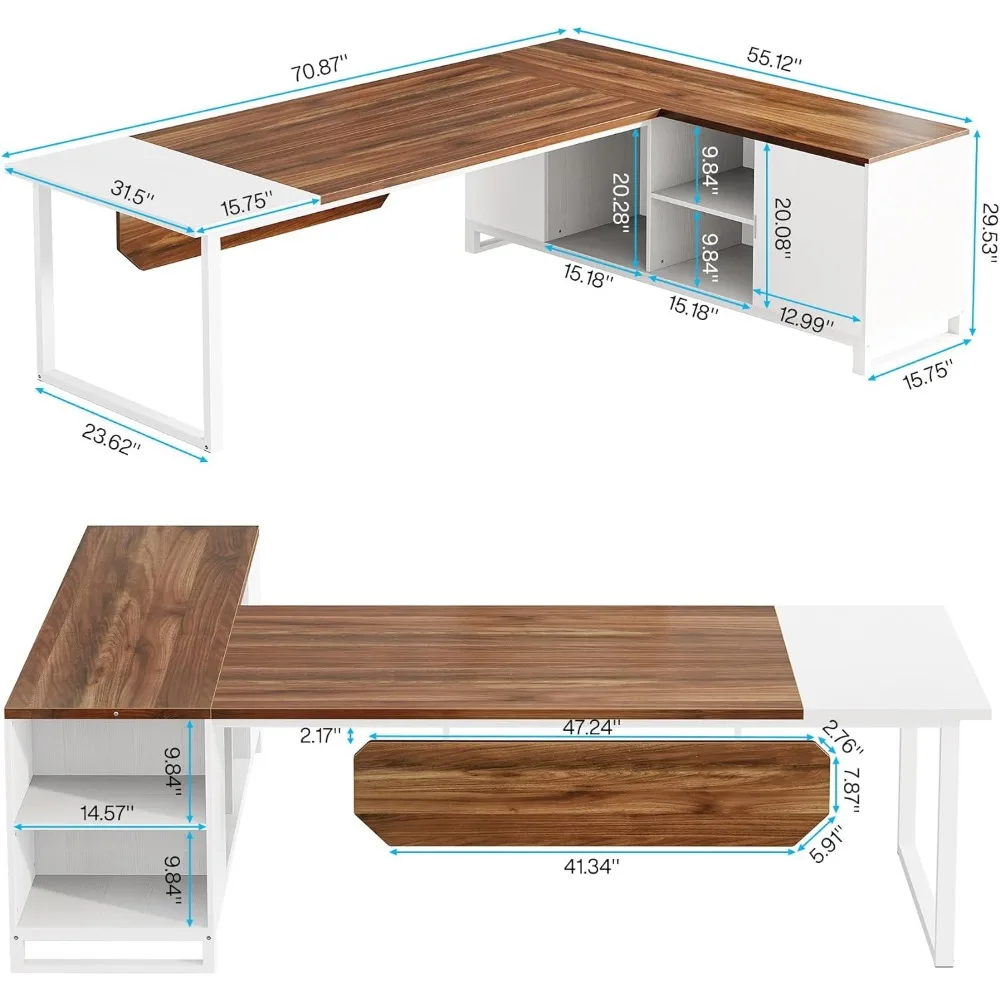 Bureau en forme de L avec armoire à fichiers 55 ", bureau d'ordinateur de bureau avec étagères de rangement, ensemble de bureau à domicile, brochure blanche, 70.8"