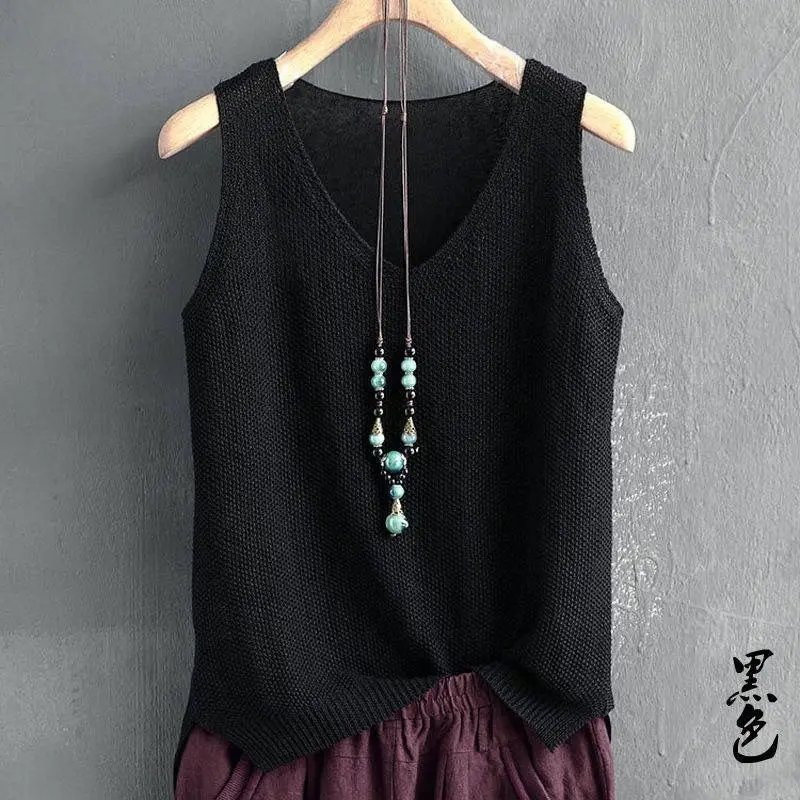 Suéteres finos sin mangas de talla grande para mujer, Chaleco de punto informal de gran tamaño, Top femenino, jerséis sólidos que combinan con todo