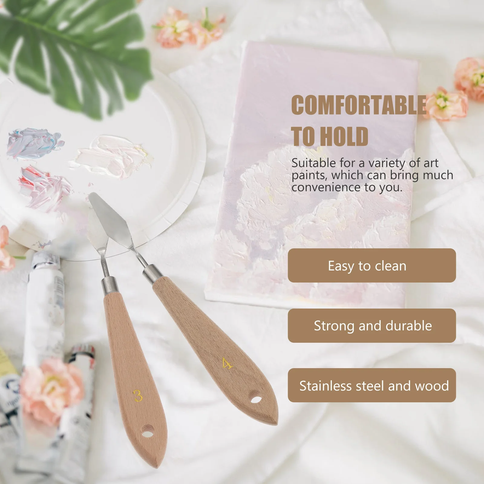 

4Pcs Painting Spatula Set Plastic Oil Painting Accessories Comfortable Grip Smooth Surface Canvas Art Khaki Spatula Palette