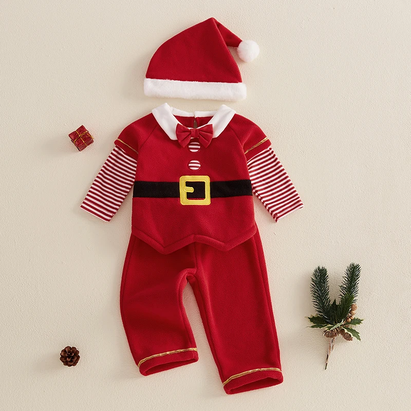 Baby Boys Girl Santa Claus Outfit Fleece Striped Doll Collar Long Sleeve Tops Elastic Waist Pants Hat Kids Christmas Clothes