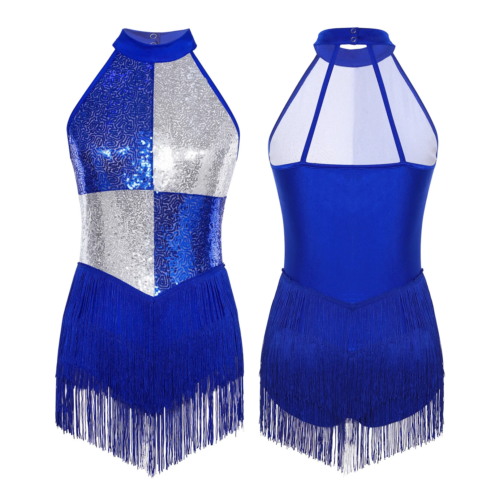 

Backless Latin Jazz Samba Salsa Dance stage Performance Costume Sleeveless Color Block Shiny Sequins Tassels Leotard for Womens