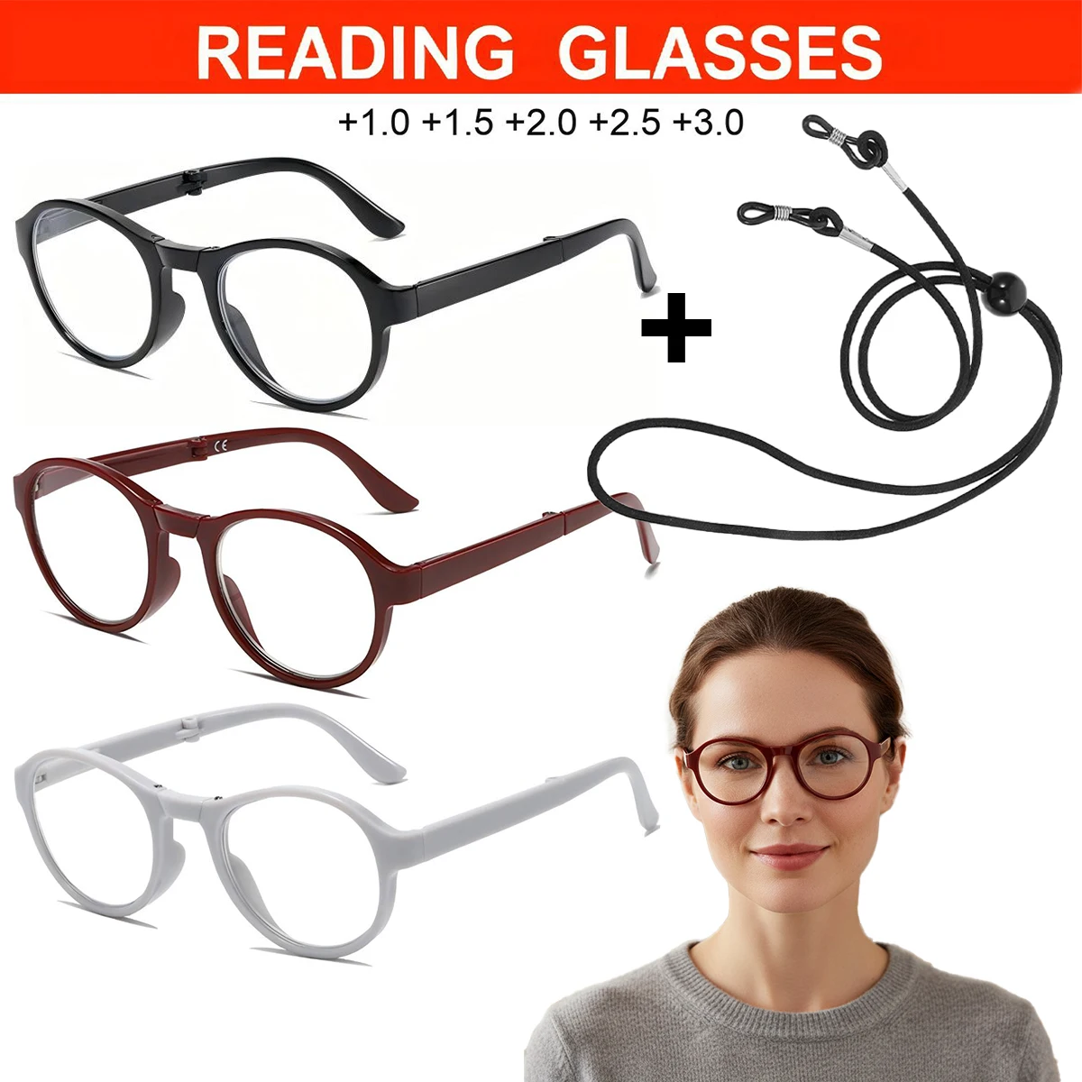 Foldable Foldable Reading Glasses, HD Blue Light Blocking Fashion Readers, Unisex Portable Eyewear with Retainer Strap, L12 - Aliexpress Deal