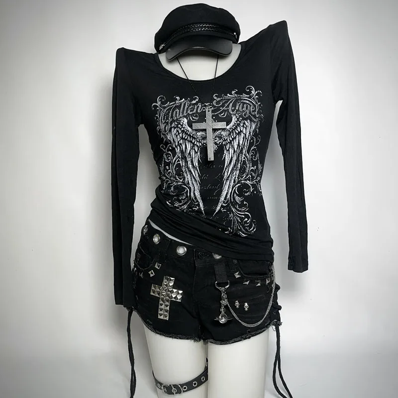 Retro-Mode, Harajuku-Emo, süß und würzig, figurbetontes Damen-T-Shirt in Weiß, lässig, Retro-Mode der 2000er Jahre, bedruckt, langärmelig