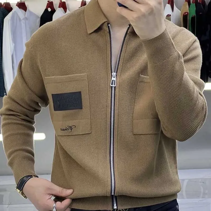 

Fashion Lapel Zipper Spliced Pockets Embroidery Cardigan Sweaters Mens Clothing 2024 Spring New Loose Knitted All-match Tops