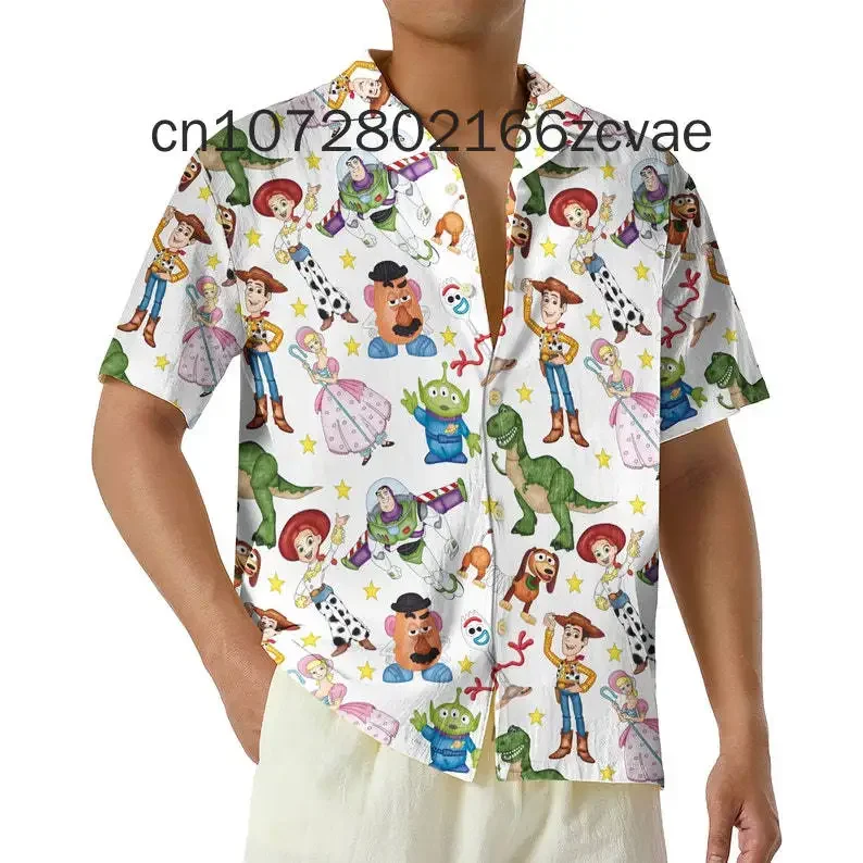 Toy Story Cartoon Hawaiian Shirt Disney Casual Fashion Button Short Sleeve Hawaiian Beach Shirt Men's and Women's Shirt tops