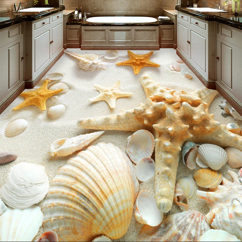 

3D Floor Tiles Mural Wallpaper Modern Beach Shell Photo Wall Painting Sticker Bathroom Living Room PVC Waterproof Wear 3D Fresco