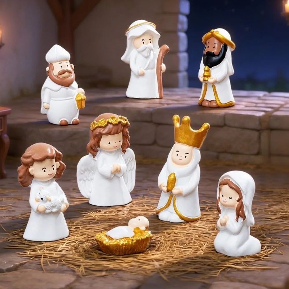 8PCS 3D Nativity Scene Figurine Set Resin Collectible Jesus Virgin Mary Figurine Little Nun Figurine Miniature