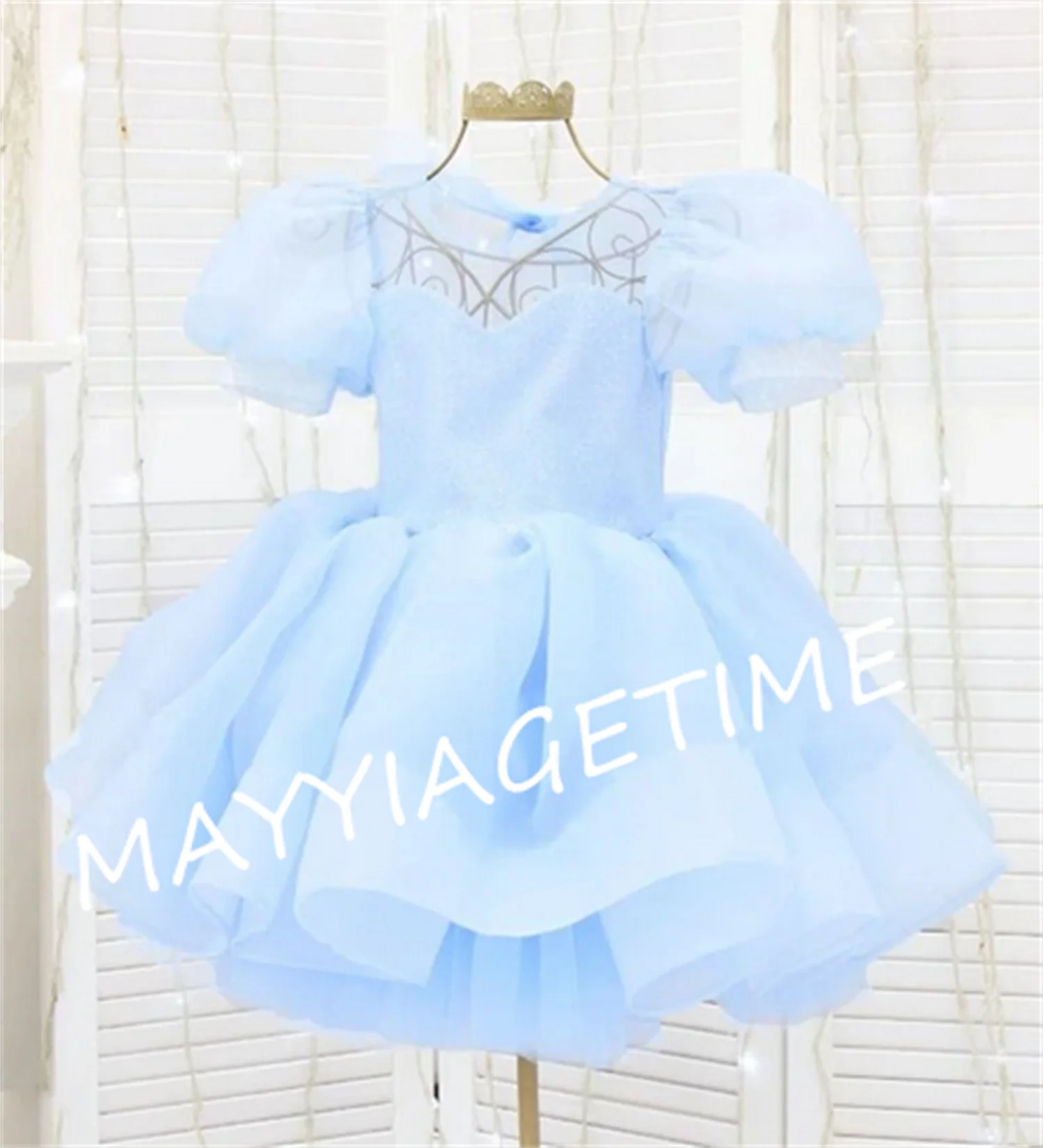 New Sky Blue Girl's Birthday Dress with Short Sleeve Flower Girl Dress for Wedding Princess Christmas Gown