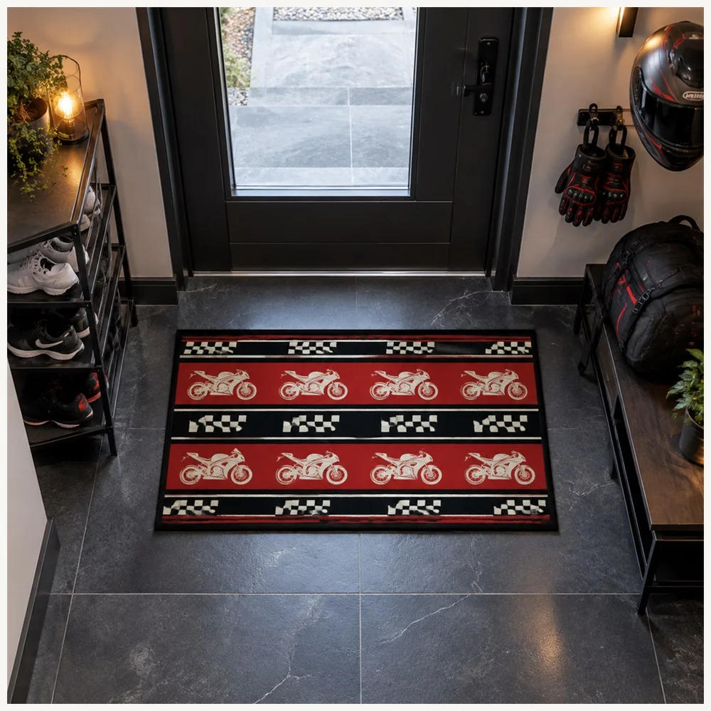 VIKAMA Racing Track Black Red Road Trip Bike Flannel Door Mat, Soft Flannel Non-Slip Mat, Garage Decor for Cloakroom, Hallway