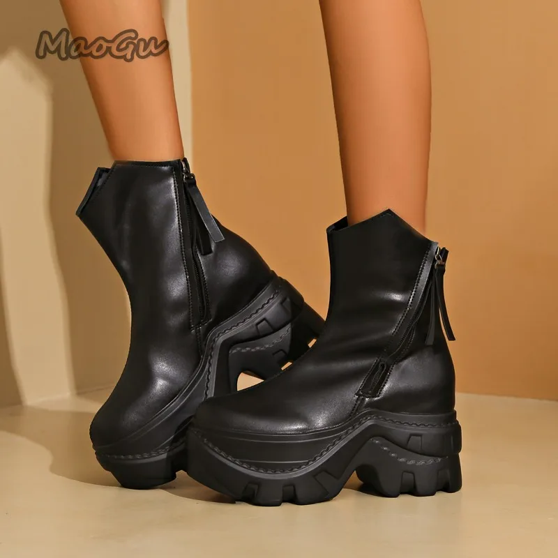 Plus Size 35-42 Platform Ankle Boots Side Zipper Chunky Heel British Style Black Brown Boots Women's Fashion Elevated Booties