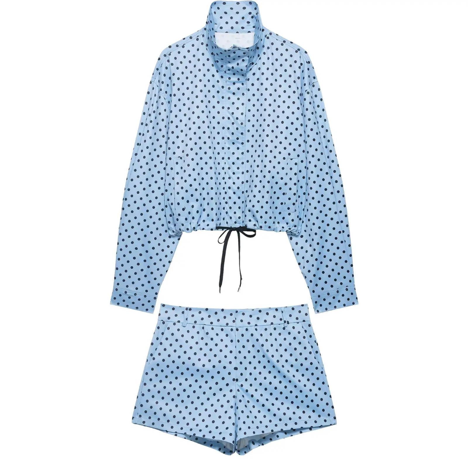 Polka Dot Jacket Turtleneck Zip Up Drawstring Pocket Coat for Women - Blue