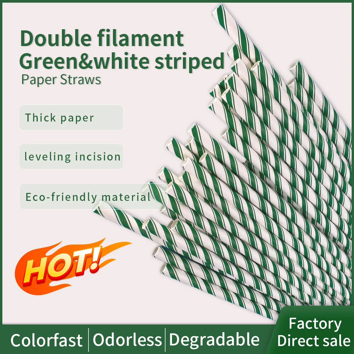 

300Pcs Biodegradable Double Green Stripe Straw Paper Material Food Grade Drinking Straw Restaurant Bar Hotel Disposable Decor