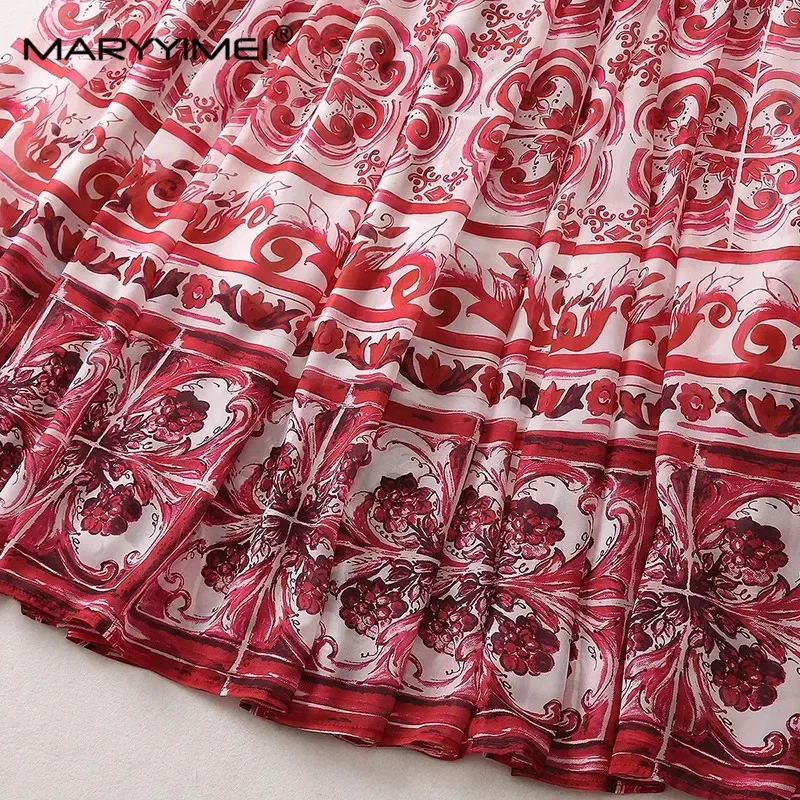 MARYYIMEI Lente Zomer Mode Vintage vrouwen Mouwloze jurk Rood porselein gedrukt Elastische Taille V-hals Grace Lange Jurken