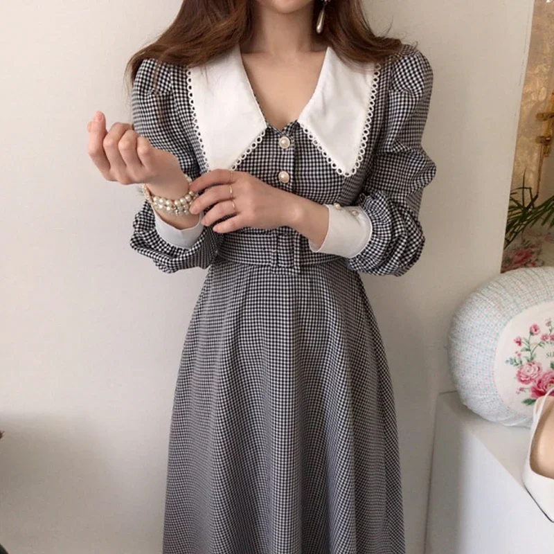 Korean Chic Temperament Single-breasted Lapel Plaid Dress Sashes Slim High Waist Puff Long Sleeve Vestido Feminino Elegant Fall