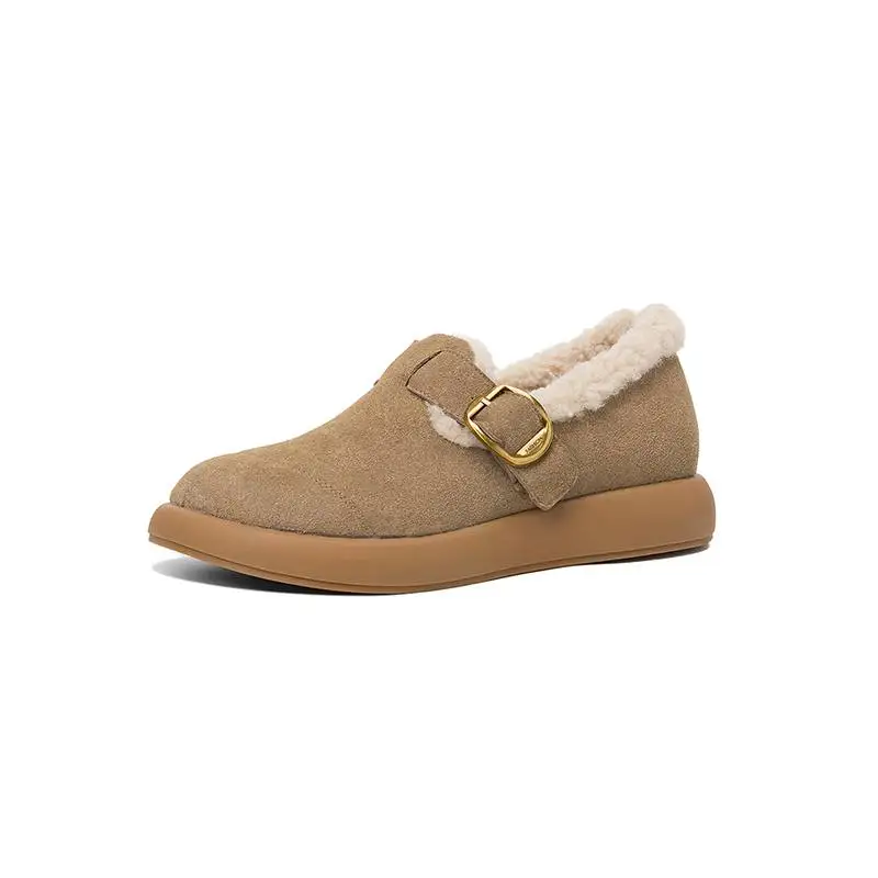 Krazing Pot Flock Low Heels Shoes Round Toe Modern Snow Boots Flat Platform Metal Buckle Keep Warm Plush Women Winter Cozy Flats