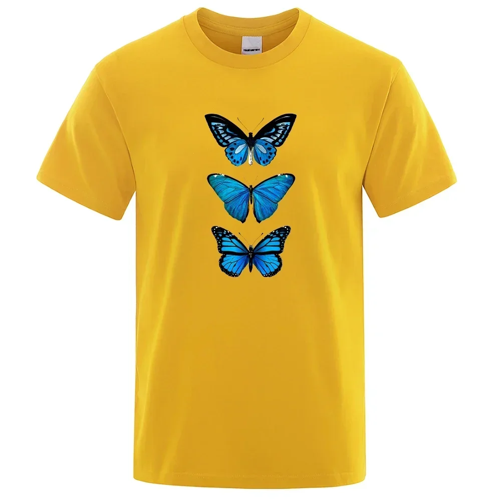 Blue Butterfly Illustration Design T Shirts Men Fashion Loose T-Shirt Summer Pattern T Shirt Breathable 100% Cotton Mens Tops