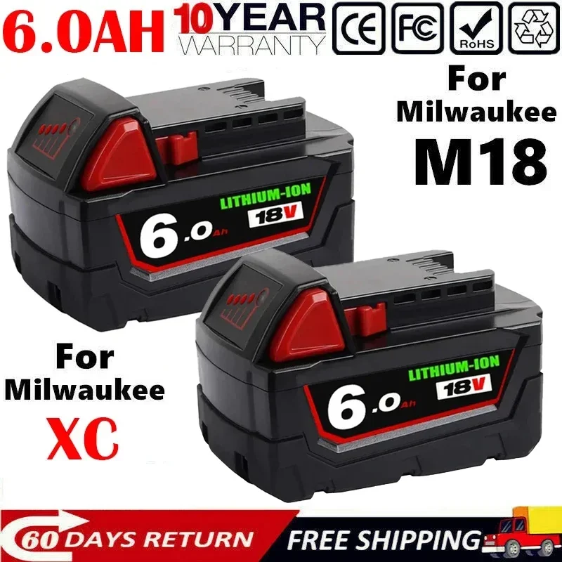 

18V 6.0Ah Replacement for Milwaukee M18 XC Lithium Battery 48-11-1860 48-11-1850 48-11-1840 48-11-1820 Rechargeable Batteries