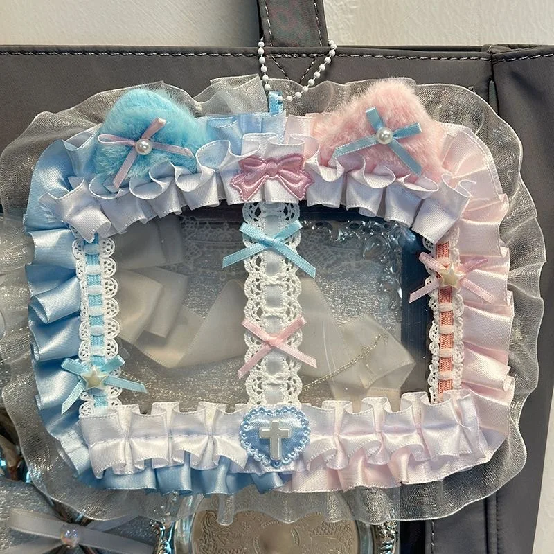 idol photo card protector Keychain double Photocard  lolita card holder y2k accessories Lolita Lace Pearl bow itabag accessories