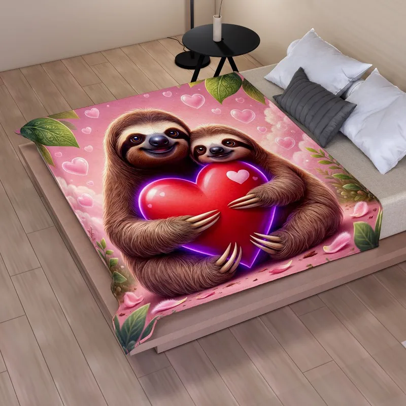 Loving Sloth Couple Heart Flannel Blanket, Ultra-fine Fiber Warm Throw Blanket, Pink Cloud Love Art Print for Sofa Bed