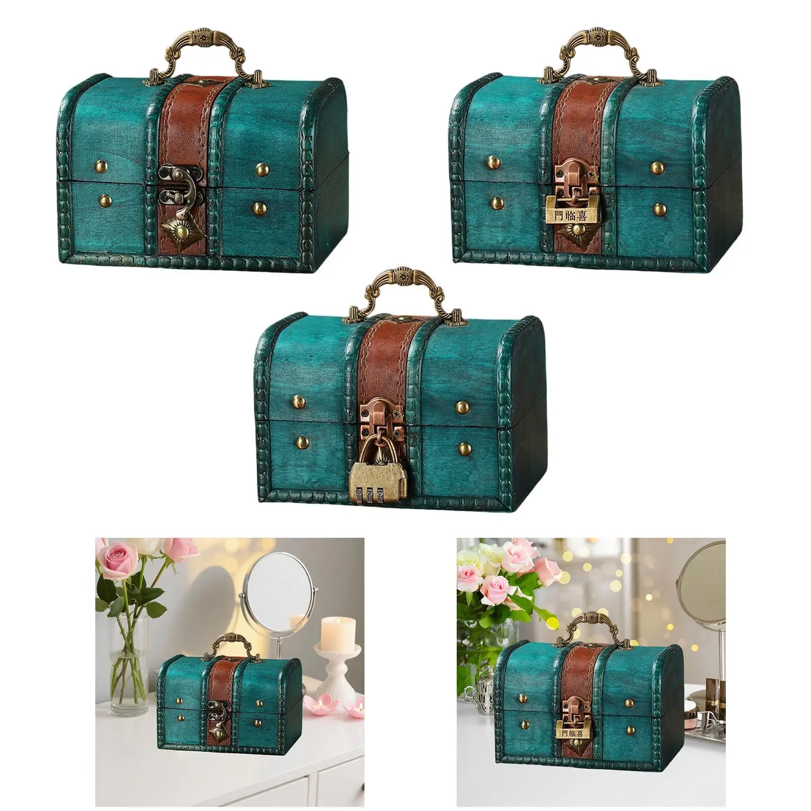 

Wood Treasure Chest Storage Box Gift Home Decor Vintage Design Collectible Handheld Table Keepsake Organizer Jewelry Box Lock