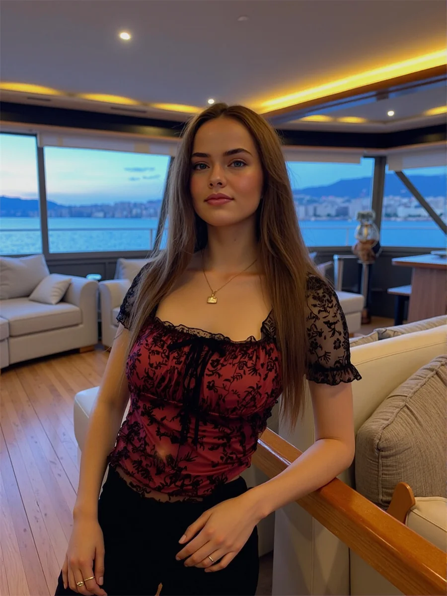 

Slash Neck Mesh Blouses Womens Flare Sleeve Ruffles Romantic Boho Print Patchwork Bandage Waist Sweet Trendy Holiday