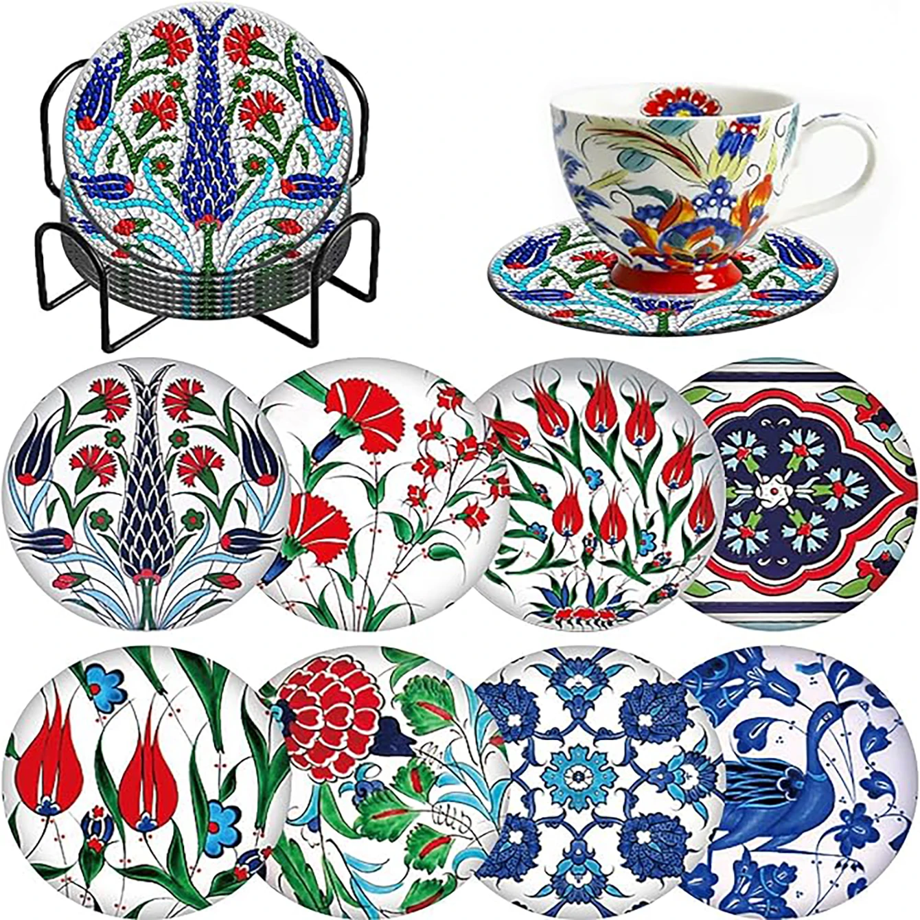 

8 pieces/set bouquet pattern diamond painted coaster set with holder DIY coaster beginner coaster, art craft supplies gift