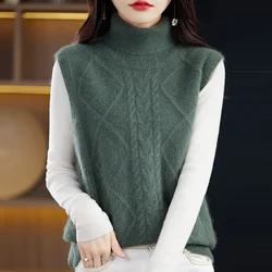 Colete de cashmere vison para mulheres, suéter sem mangas, colete alto com colarinho virado para baixo, aquecido do frio, top de venda quente, novo, 2023