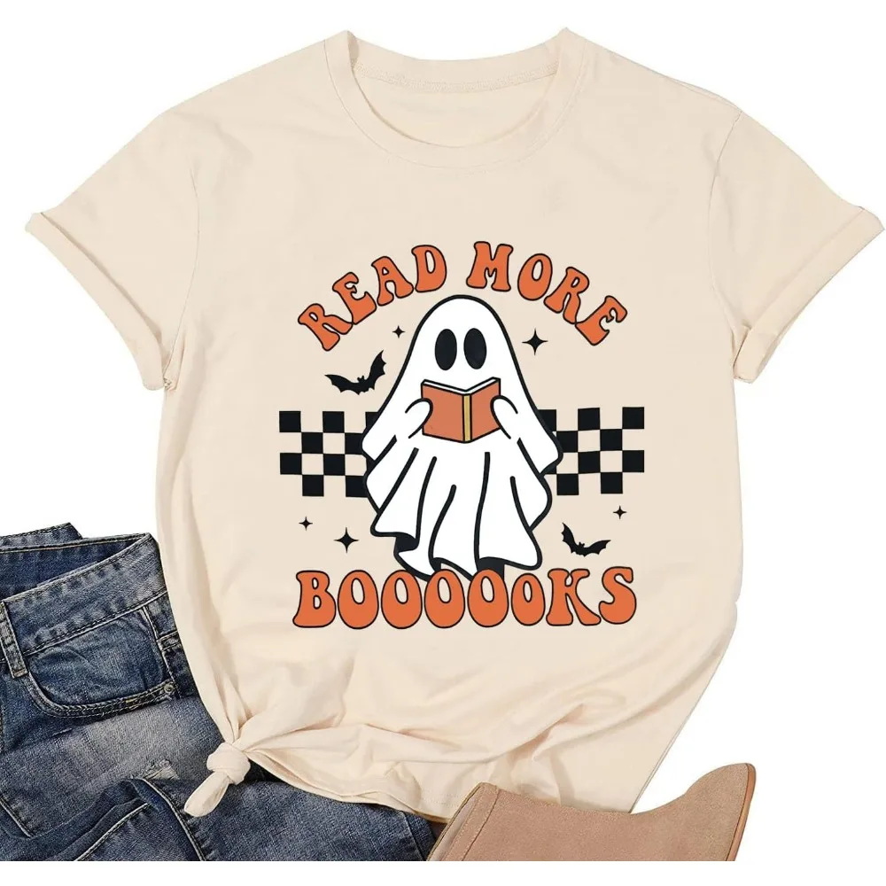 Halloween Teacher Shirts for Women Groovy Read More Books Ghost T-Shirt Short Sleeve Halloween Party Tee Tops