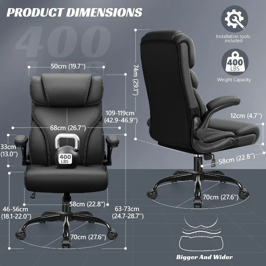 Office Chair, Ergonomic Big and Tall Computer Desk Chairs, Executive Breathable Leather Chair with Adjustable Flip-up Armrests,