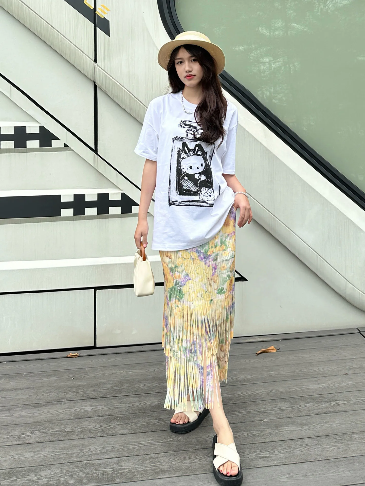 

Summer Casual Printed Short Sleeve Women's Set with Ruffle Hem Skirt And Folded Top by Sanza Art Creation Polyester round Neck