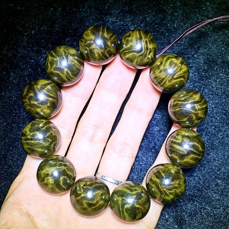 

Full Water Wave Golden Silk Nan Dark Wood Bracelet for Men, Collectible Item, Sichuan Aged , Ebony Green Material Buddhi