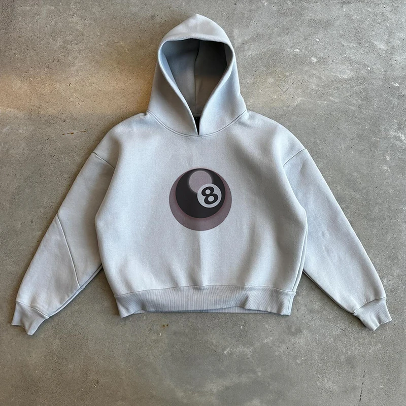 Y2k Vintage Fashion No. 8 Ball Print Hoodies Harajuku Hip Hop Long Sleeve Sweatshirt Spring Men Loose Hooded Pullover Streetwear