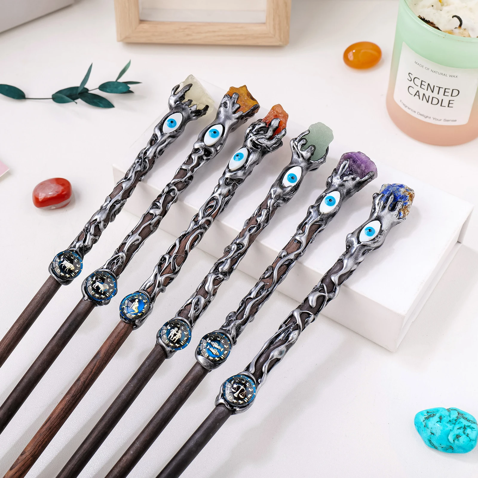 2023 New Natural Crystal 12 Constellations Devil\'s Eye Original Stone Branch Magic Energy Wand Christmas Home Decorations Gifts