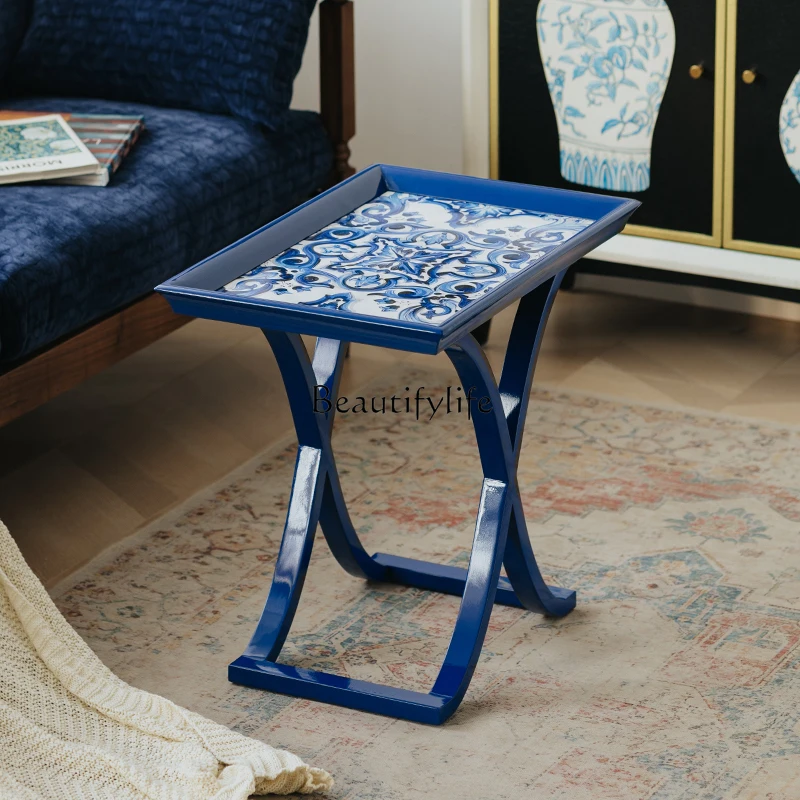 

03.Painted square table French retro blue printing living room coffee table