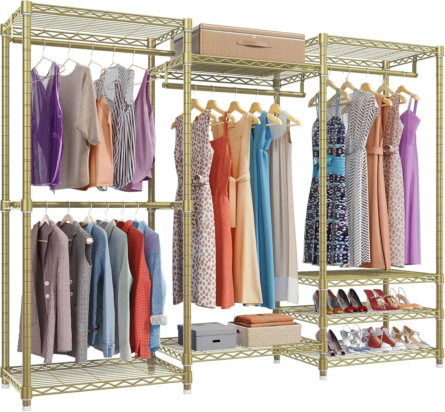 

Portable Closet Wardrobe Heavy Duty Clothes Rack Freestanding Metal Clothing Organizer With Eight Adjustable Shelves Four Hanging Rods Custom Wardrobe Storage System Gold
