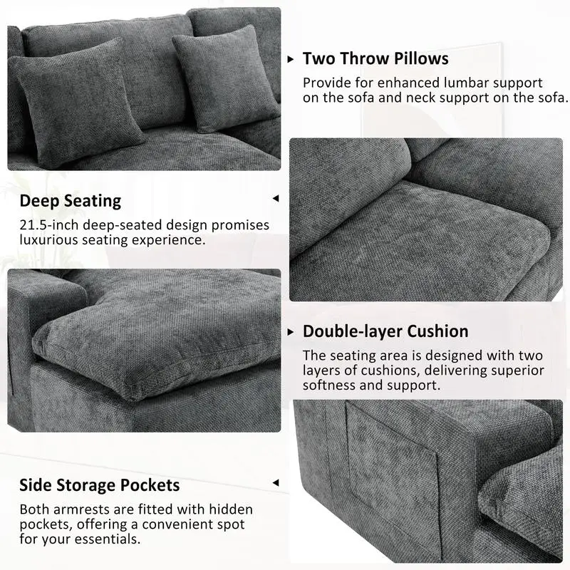 أريكة مقسمة باللون الرمادي مقاس 107.9 بوصة مع وسائد مزدوجة الطبقات وجيوب جانبية، تصميم متعدد الاستخدامات لغرفة المعيشة