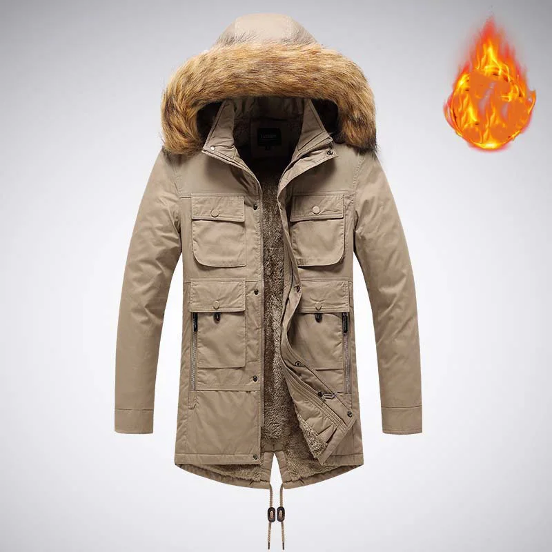 

2025 Winter Man Parkas Jacket Thicken Cold-proof Solid Color Pocket Male Coat Mid Length Windproof Men Fur Hooded Outerwear