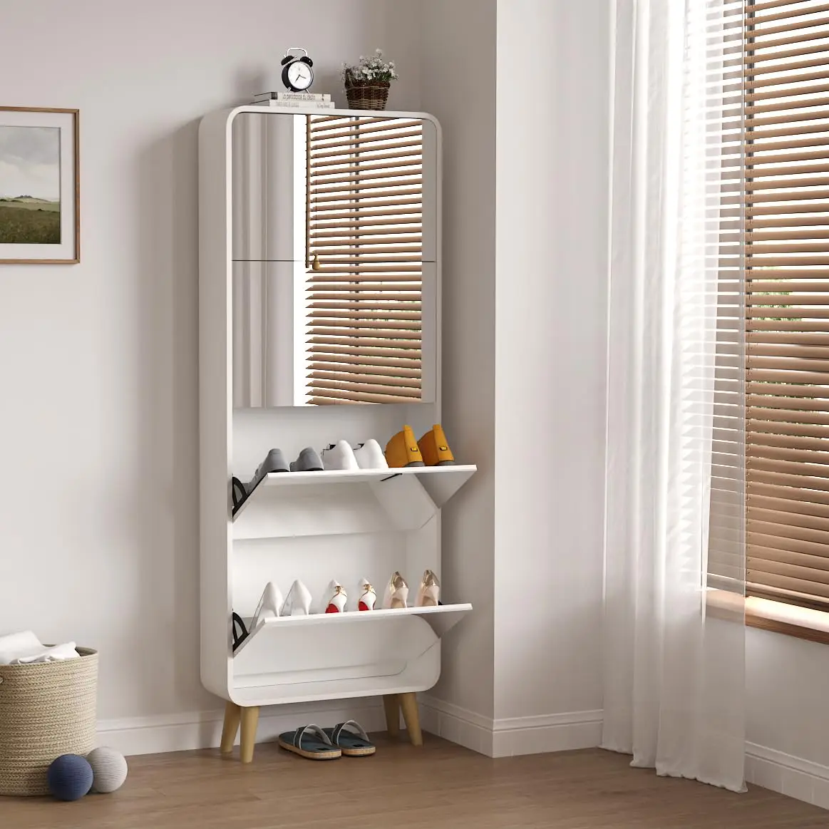 White Mirror Shoe Cabinet 4 Flip Doors Slim 7.7