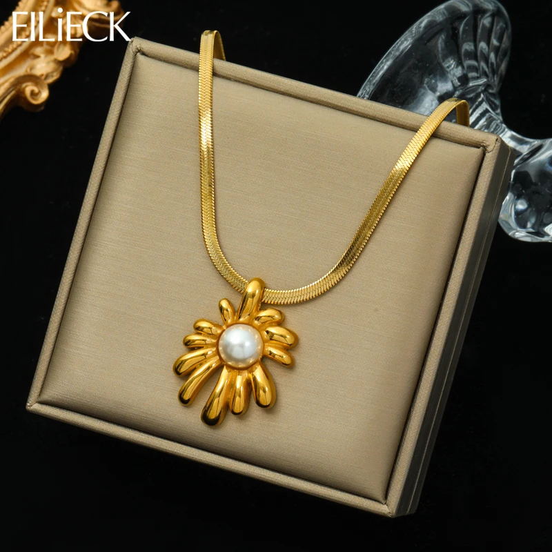 EILIECK 316L Stainless Steel Flower Pearl Pendant Necklace For Women New Trend  Flat Snake Chain Waterproof Jewelry Lady Gift