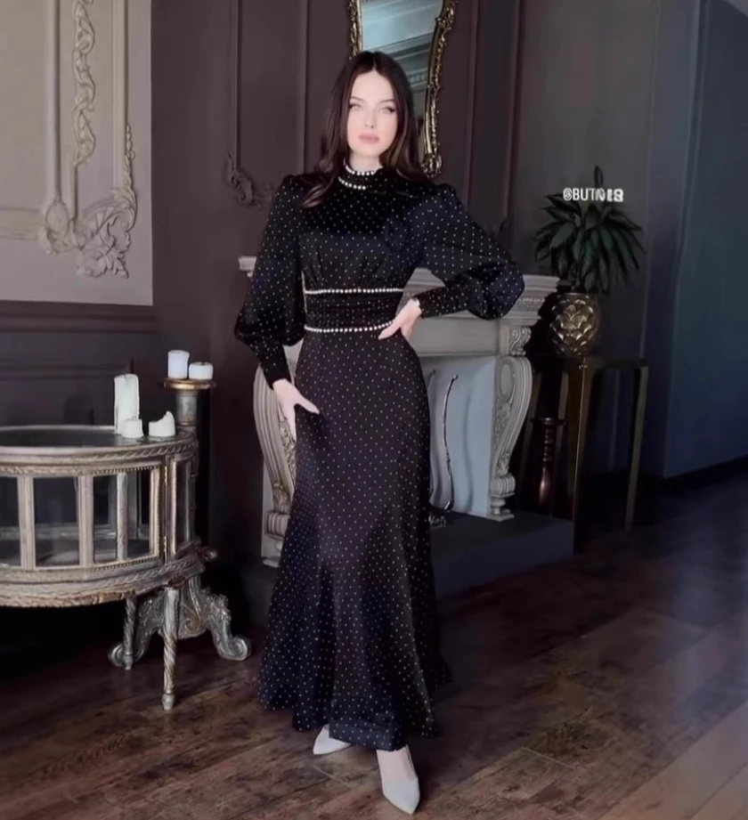 

Платья для женщин Вечеринка Абая Джалабия Жемчуг Точечный принт Vestidos Рамадан Марокко Дубай Абая Кафтан Ислам Ид Мусульманский длинный халат