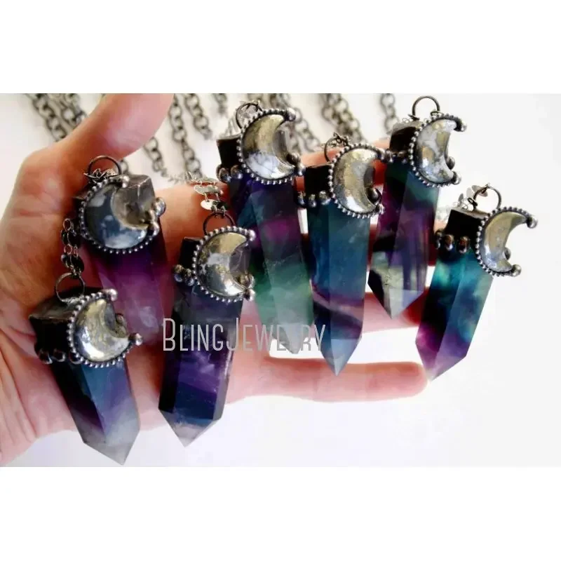 10pcs Witchcraft Accessory Rainbow Fluorite Tower Aesthetic Necklace Aqua Blue Crystal Crescent Moon Pyrite Halloween Jewelry