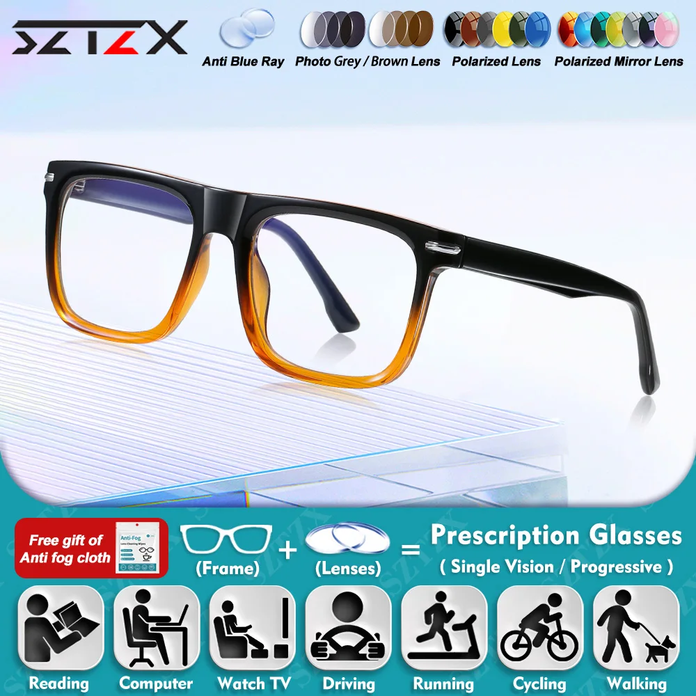 

SZTZX Men Business Square Frame Design Myopia Prescription Reading Glasses Everyday Wear Anti Blue Light Progressive Eyeglasses