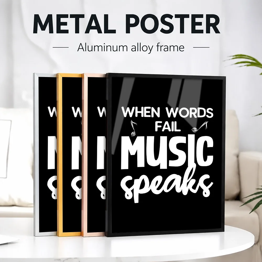 Music Speaks Quote Framed Metal Poster Personalized Photo Classic Recording Style Wall Art For Lounge And Studio Birthday Gift
