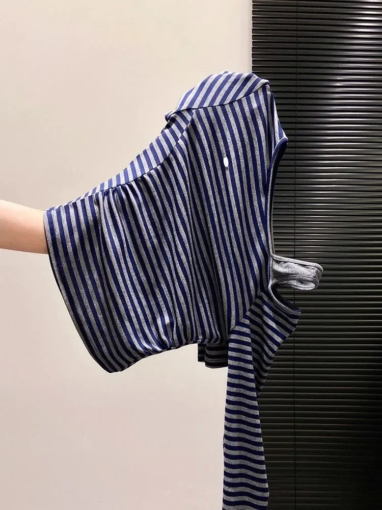여성용 스트라이프 사선 숄더 긴팔 티셔츠 초가을 신상 슬림핏 불규칙 베이스 탑